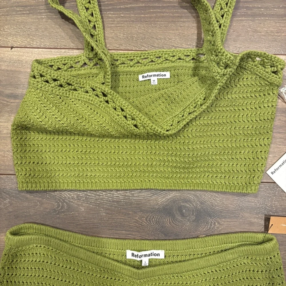 Reformation Max Open Knit Two Piece in Green, Organic Cotton, NEW WITH TAGS - Picture 2 of 7